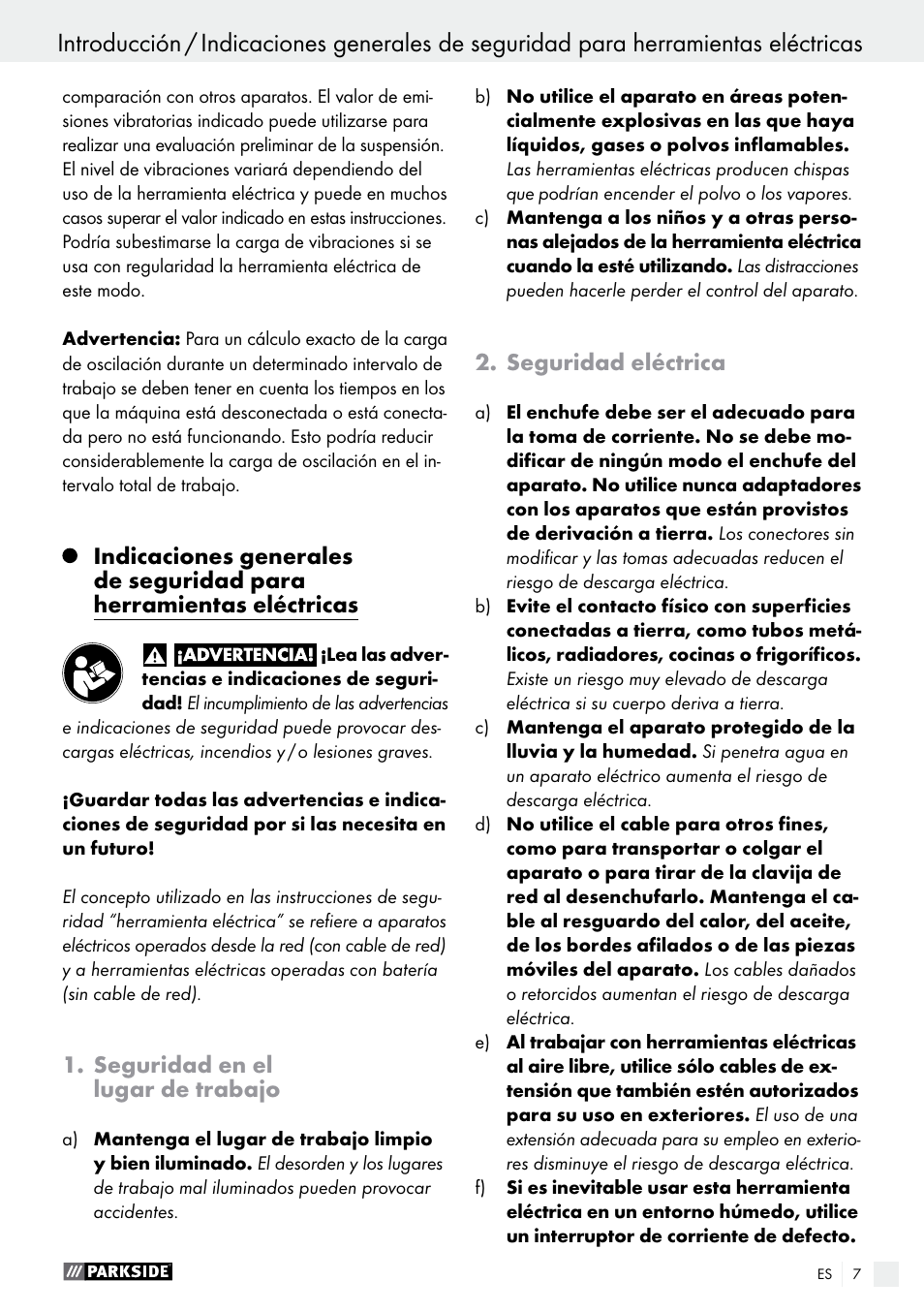 Introducción, Seguridad en el lugar de trabajo, Seguridad eléctrica | Parkside PMFW 310 A1 User Manual | Page 7 / 54