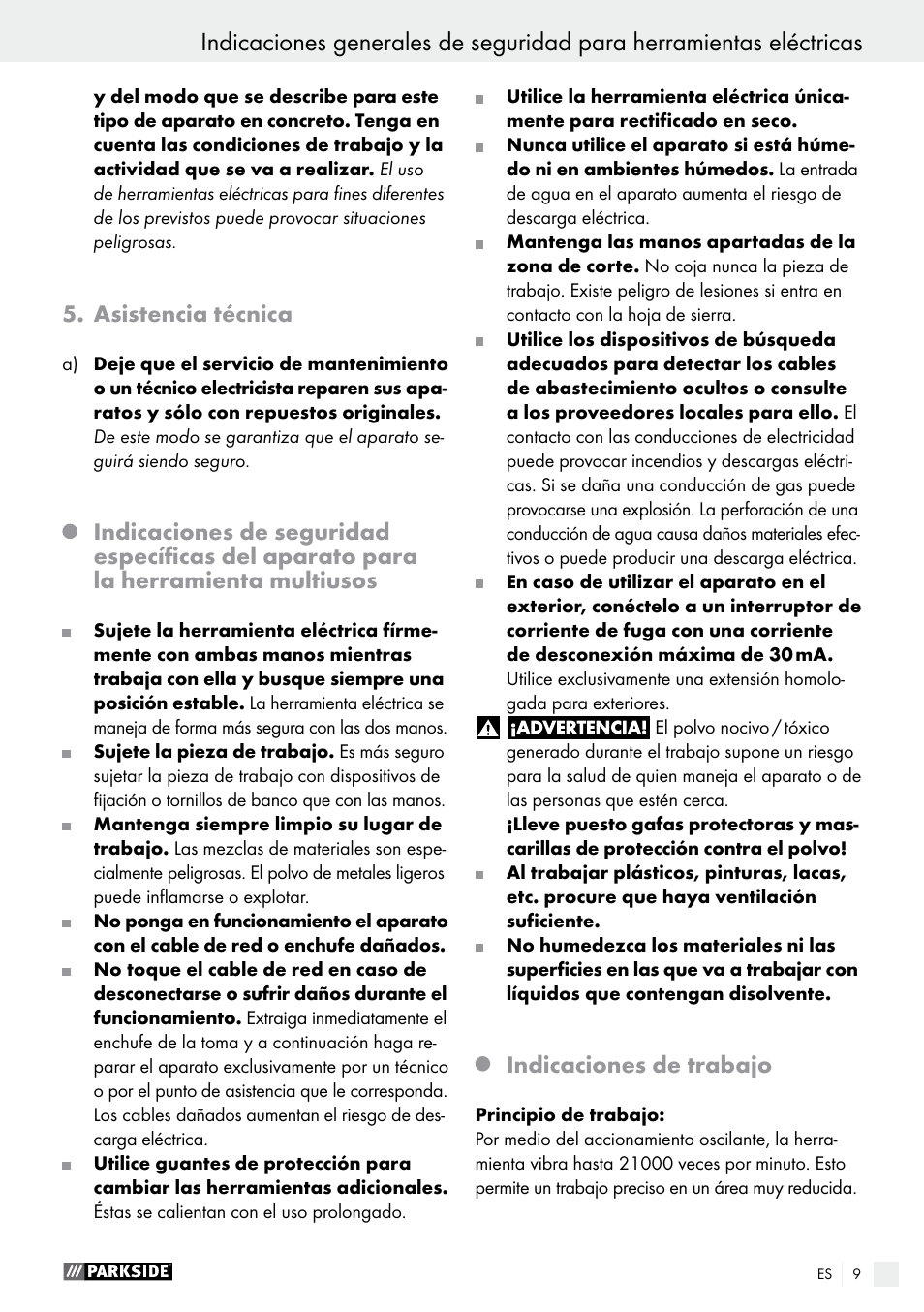 Asistencia técnica, Indicaciones de trabajo | Parkside PMFW 310 A1 User Manual | Page 9 / 54