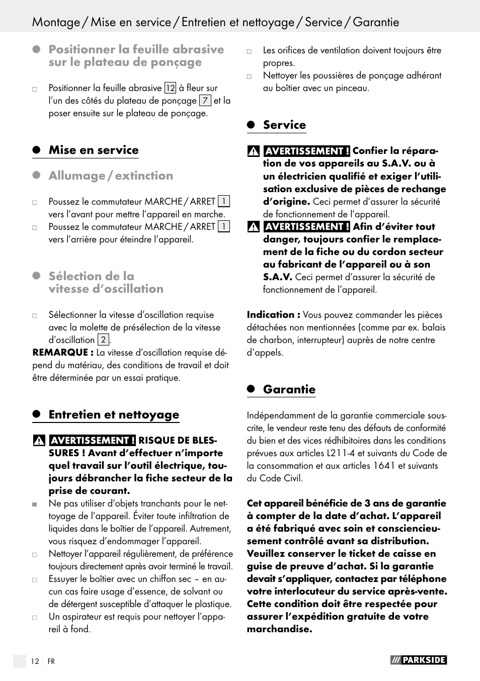 Mise en service, Allumage / extinction, Sélection de la vitesse d’oscillation | Entretien et nettoyage, Service, Garantie | Parkside PMFW 310 A1 User Manual | Page 12 / 34