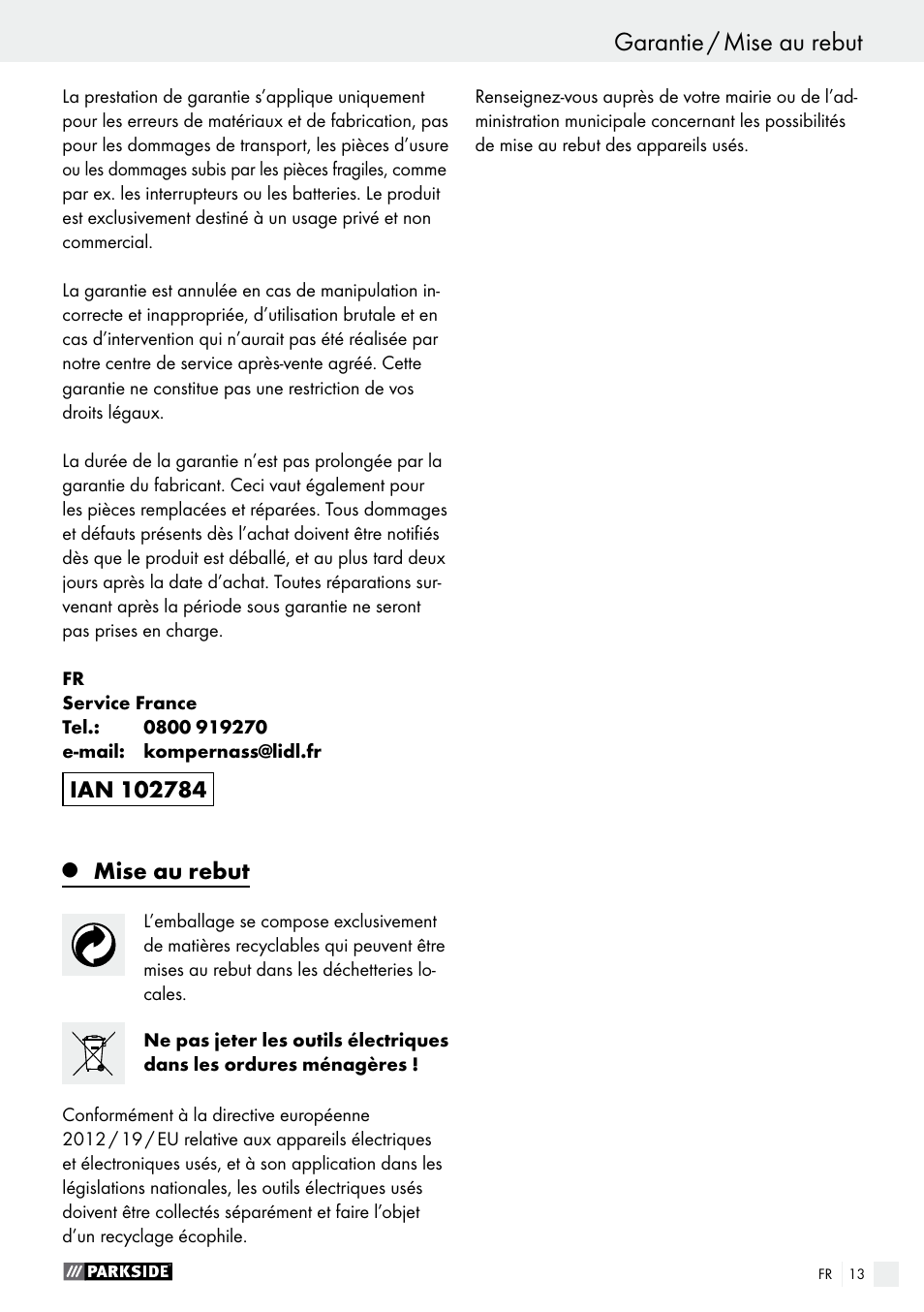 Mise au rebut | Parkside PMFW 310 A1 User Manual | Page 13 / 34