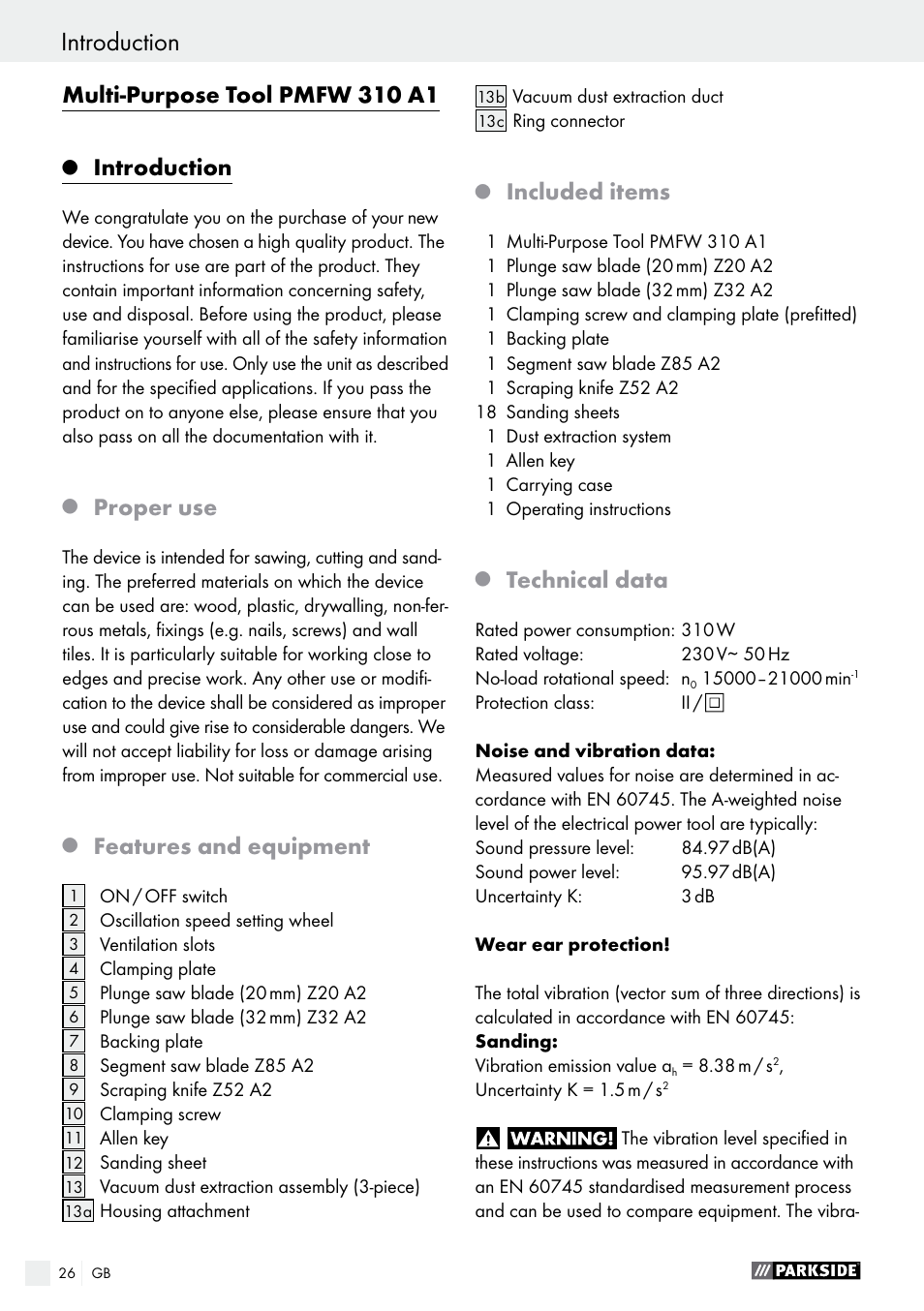 Multi-purpose tool pmfw 310 a1, Introduction, Proper use | Features and equipment, Included items, Technical data | Parkside PMFW 310 A1 User Manual | Page 26 / 34