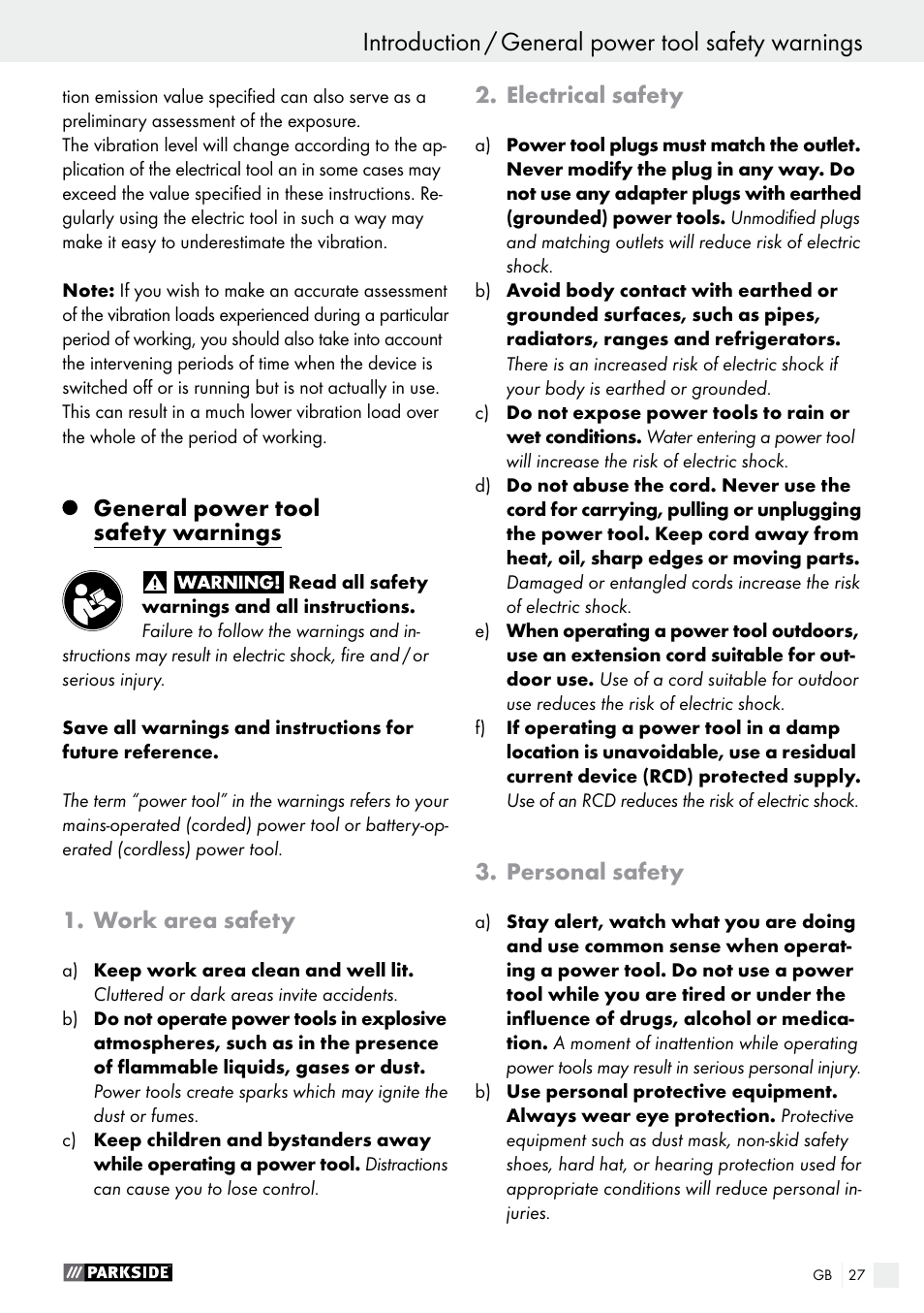 General power tool safety warnings, Work area safety, Electrical safety | Personal safety | Parkside PMFW 310 A1 User Manual | Page 27 / 34