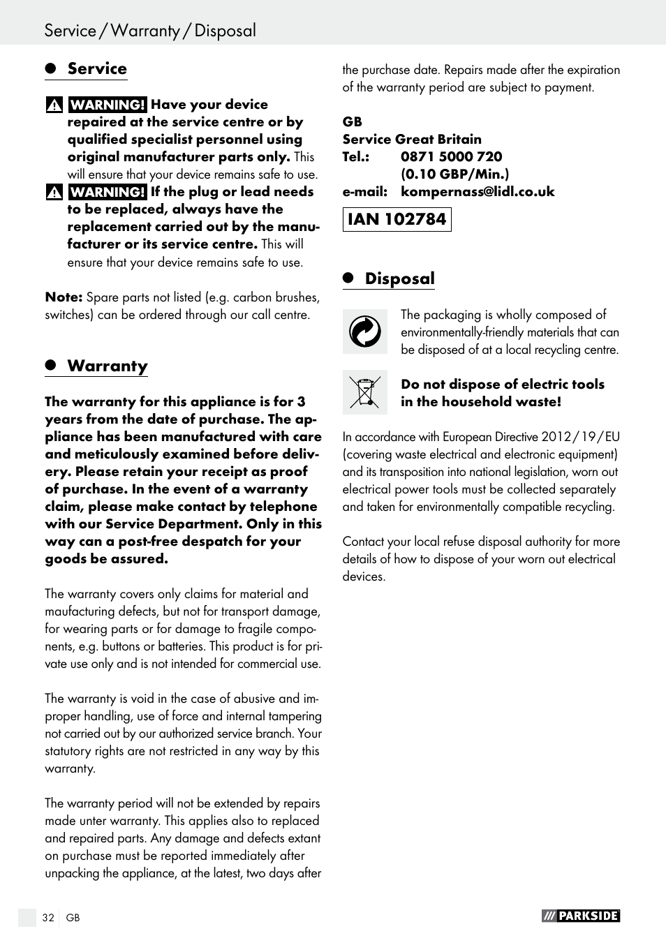 Service, Warranty, Disposal | Parkside PMFW 310 A1 User Manual | Page 32 / 34