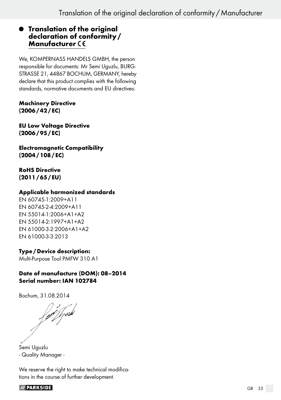 Parkside PMFW 310 A1 User Manual | Page 33 / 34