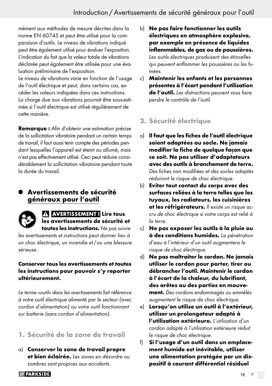 Avertissements de sécurité généraux pour l’outil, Sécurité de la zone de travail, Sécurité électrique | Parkside PMFW 310 A1 User Manual | Page 7 / 34