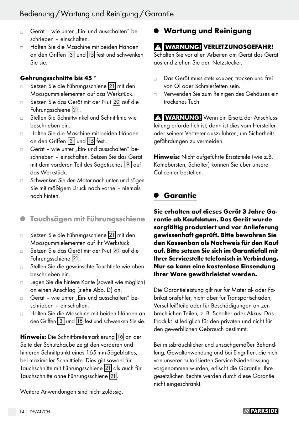 Tauchsägen mit führungsschiene, Wartung und reinigung, Garantie | Parkside PTSS 1200 A1 User Manual | Page 14 / 51