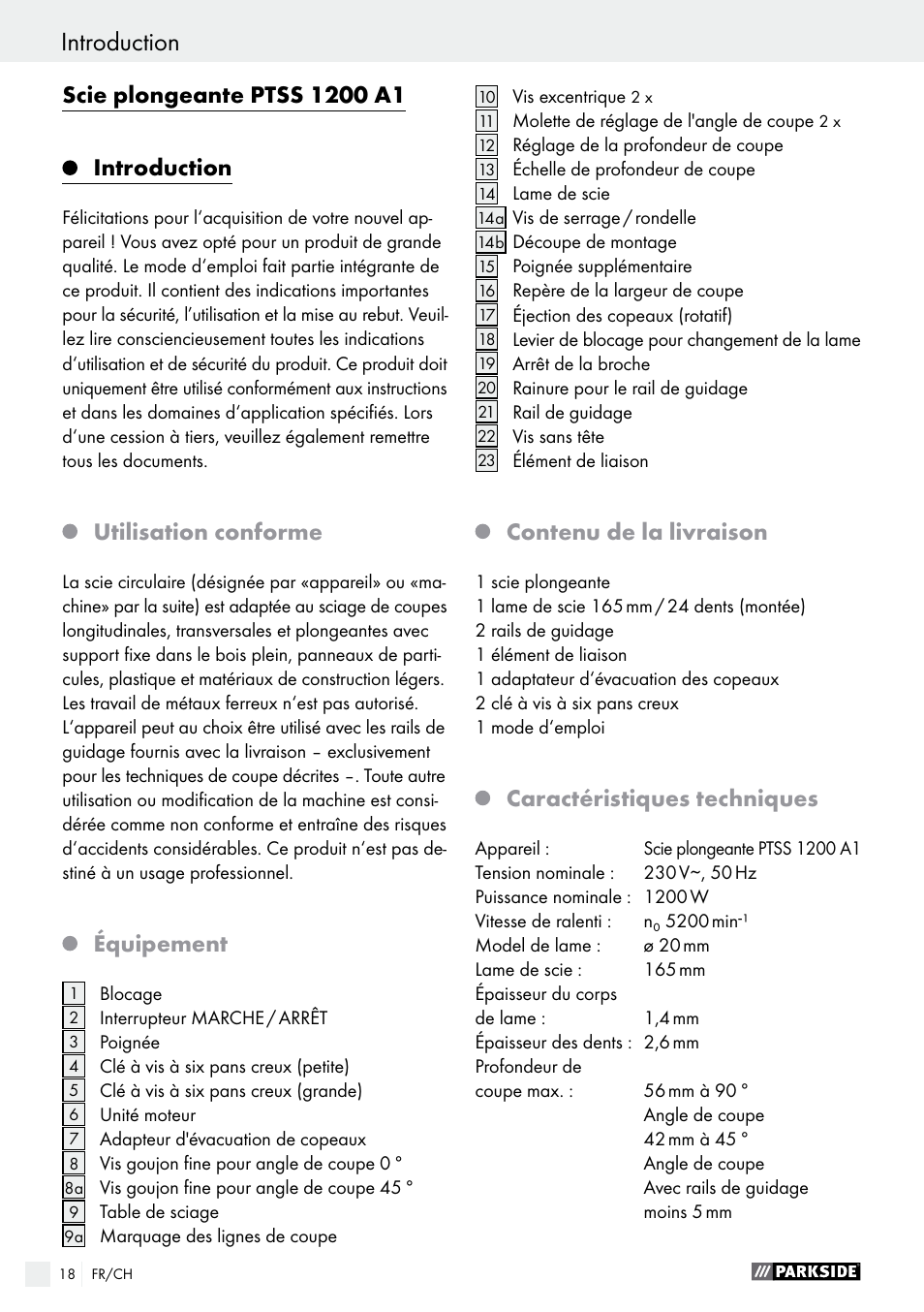 Introduction, Utilisation conforme, Équipement | Contenu de la livraison, Caractéristiques techniques | Parkside PTSS 1200 A1 User Manual | Page 18 / 51