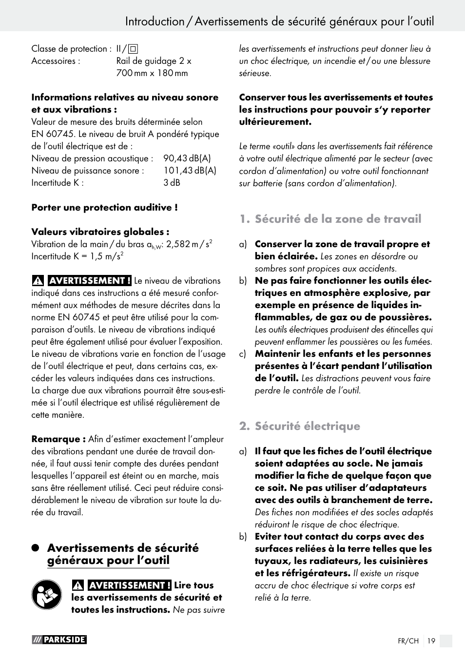 Introduction, Avertissements de sécurité généraux pour l’outil, Sécurité de la zone de travail | Sécurité électrique | Parkside PTSS 1200 A1 User Manual | Page 19 / 51