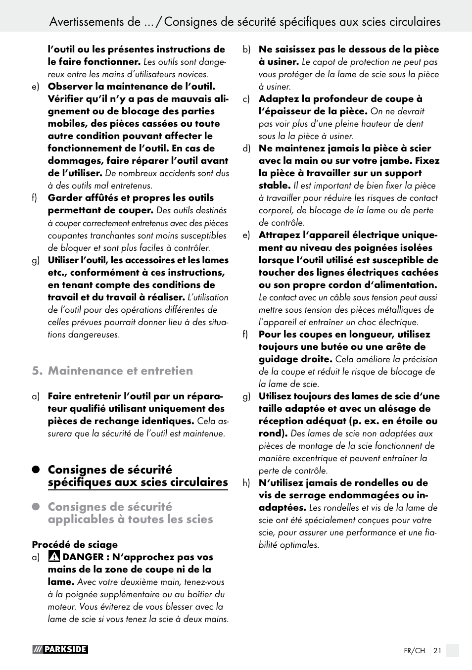 Avertissements de sécurité généraux pour l’outil, Maintenance et entretien | Parkside PTSS 1200 A1 User Manual | Page 21 / 51