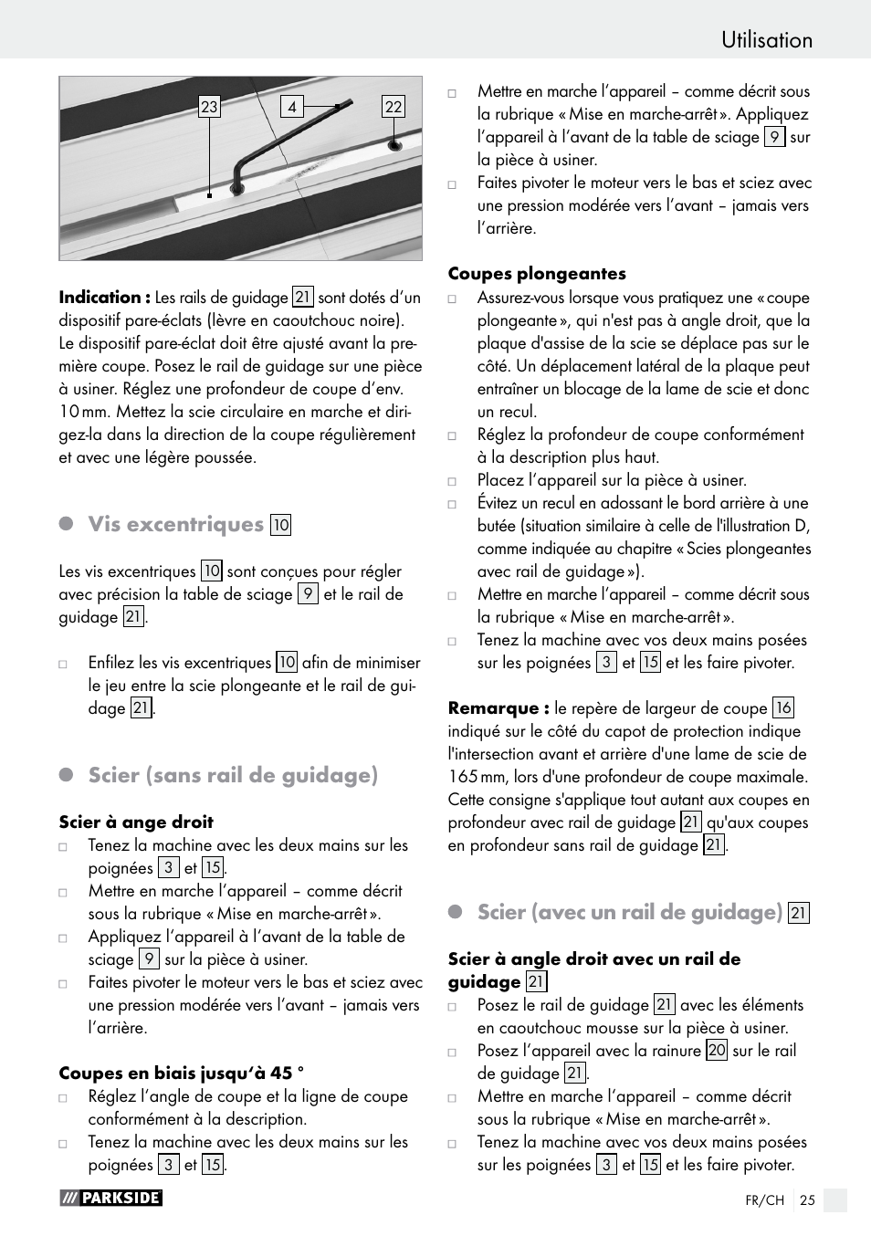 Utilisation, Mise en service / utilisation, Vis excentriques | Scier (sans rail de guidage), Scier (avec un rail de guidage) | Parkside PTSS 1200 A1 User Manual | Page 25 / 51