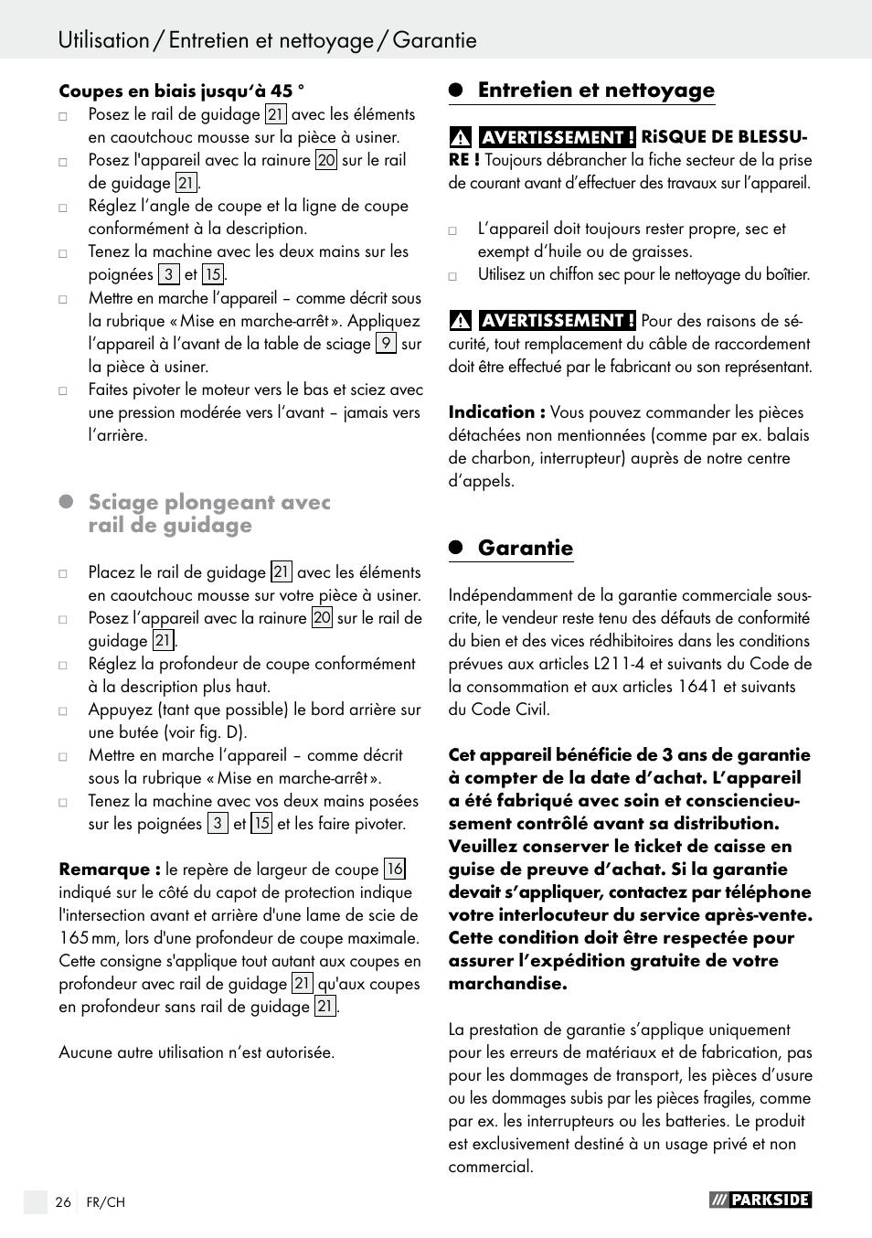 Sciage plongeant avec rail de guidage, Entretien et nettoyage, Garantie | Parkside PTSS 1200 A1 User Manual | Page 26 / 51