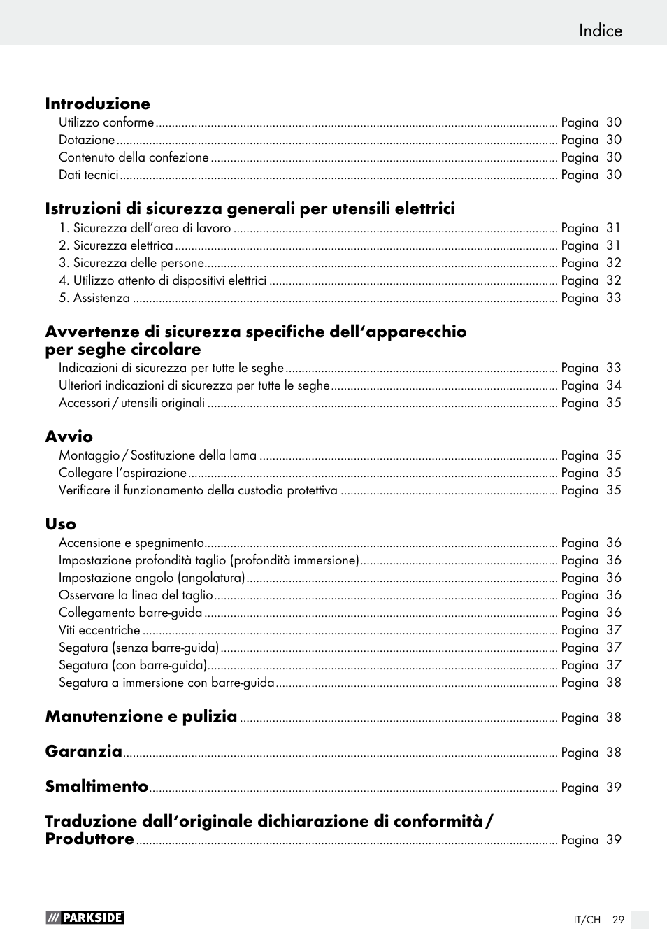 Indice | Parkside PTSS 1200 A1 User Manual | Page 29 / 51