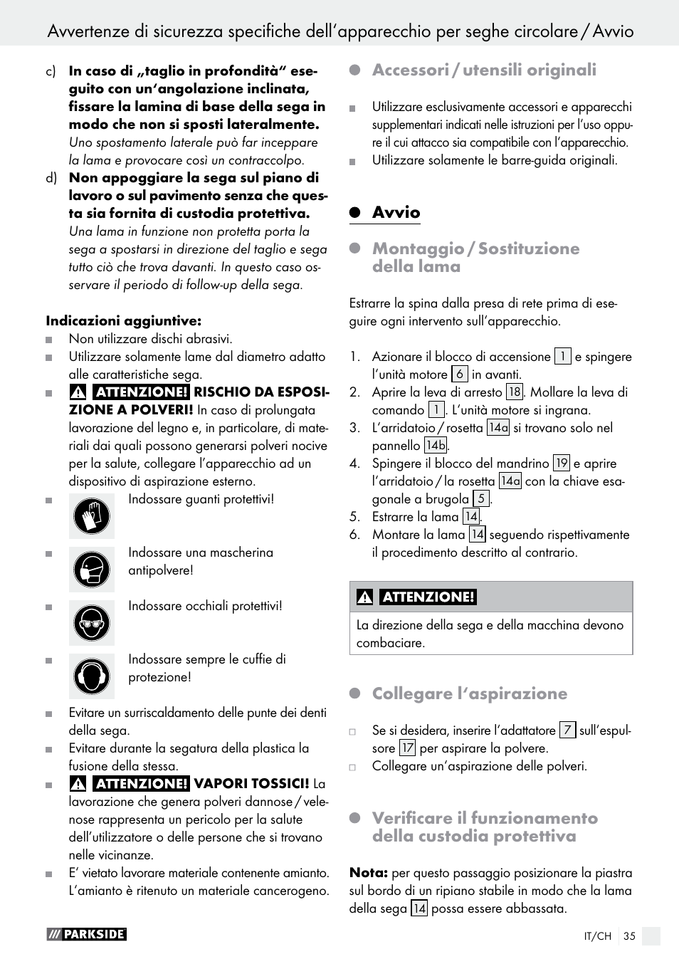 Accessori / utensili originali, Avvio, Montaggio / sostituzione della lama | Collegare l‘aspirazione | Parkside PTSS 1200 A1 User Manual | Page 35 / 51