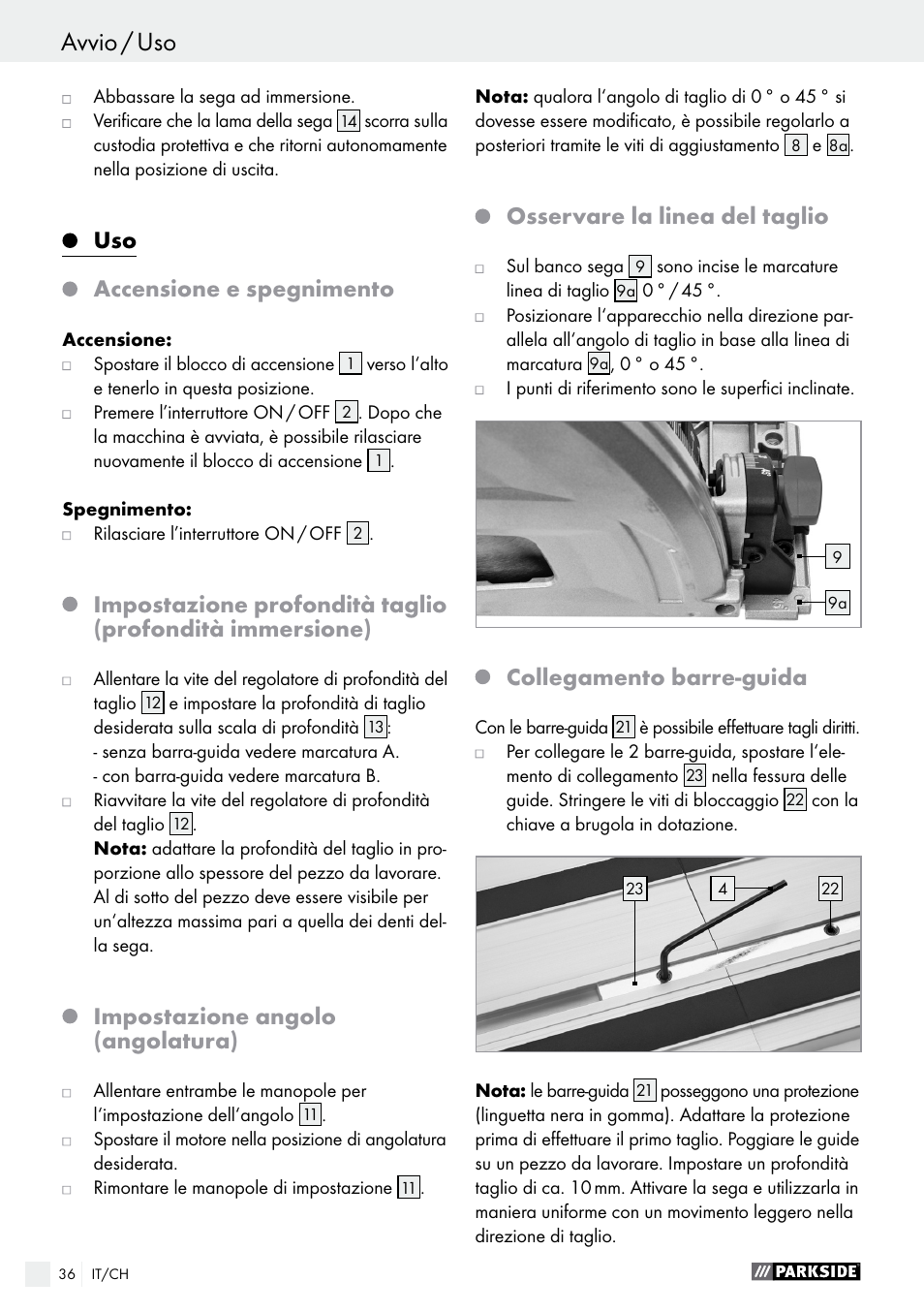 Avvio / uso uso, Accensione e spegnimento, Impostazione angolo (angolatura) | Osservare la linea del taglio, Collegamento barre-guida | Parkside PTSS 1200 A1 User Manual | Page 36 / 51