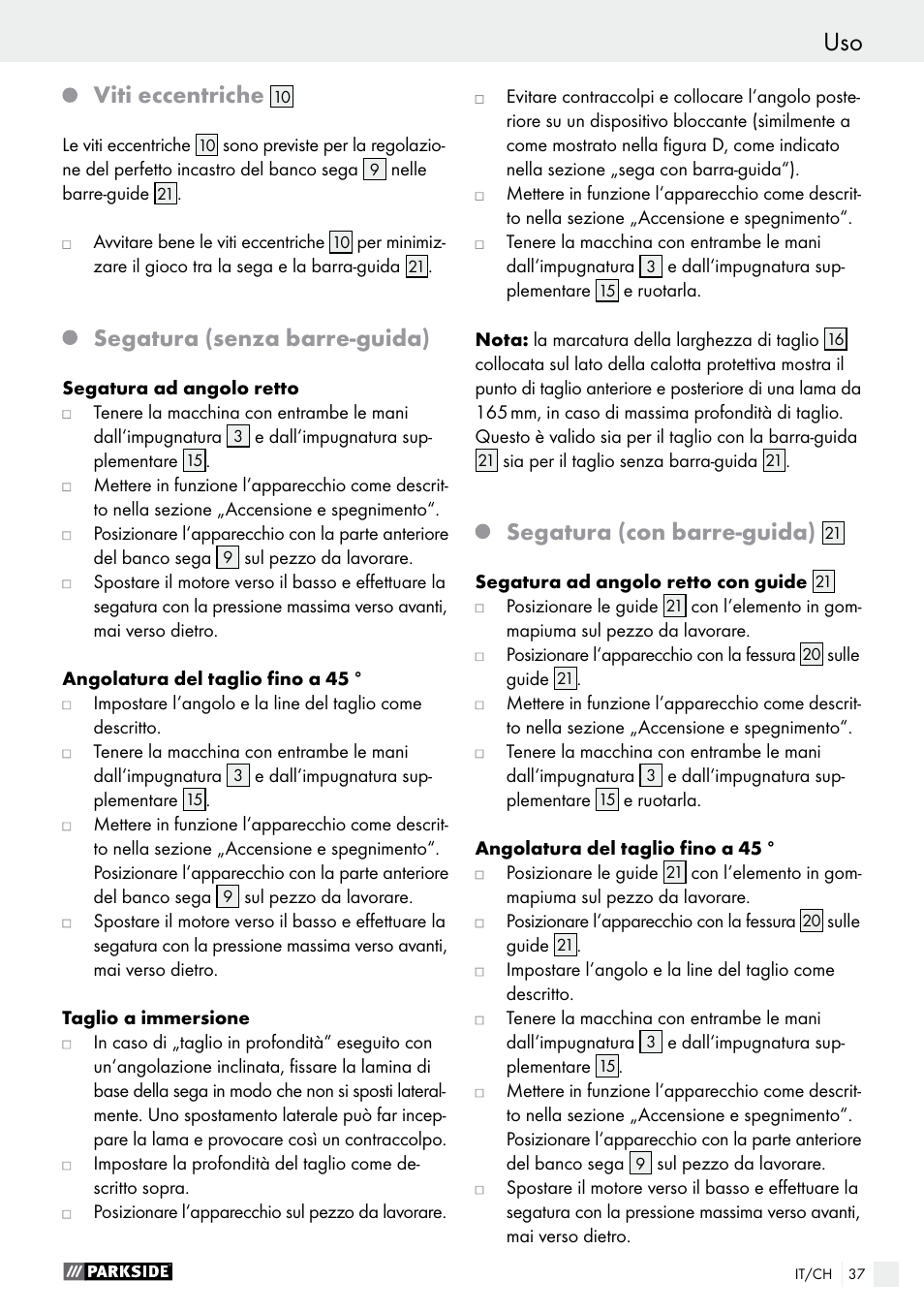 Avvio / uso, Viti eccentriche, Segatura (senza barre-guida) | Segatura (con barre-guida) | Parkside PTSS 1200 A1 User Manual | Page 37 / 51