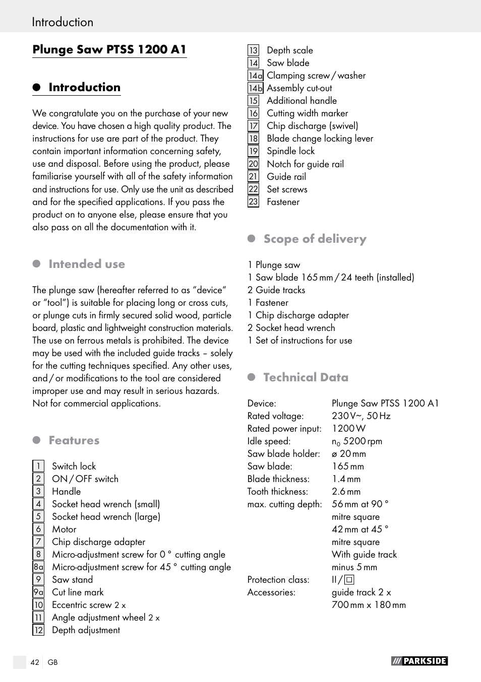 Introduction, Introduction / general power tool safety warnings, Intended use | Features, Scope of delivery, Technical data | Parkside PTSS 1200 A1 User Manual | Page 42 / 51