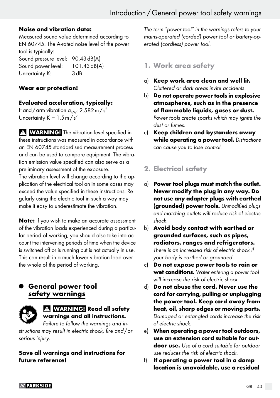 General power tool safety warnings, Work area safety, Electrical safety | Parkside PTSS 1200 A1 User Manual | Page 43 / 51