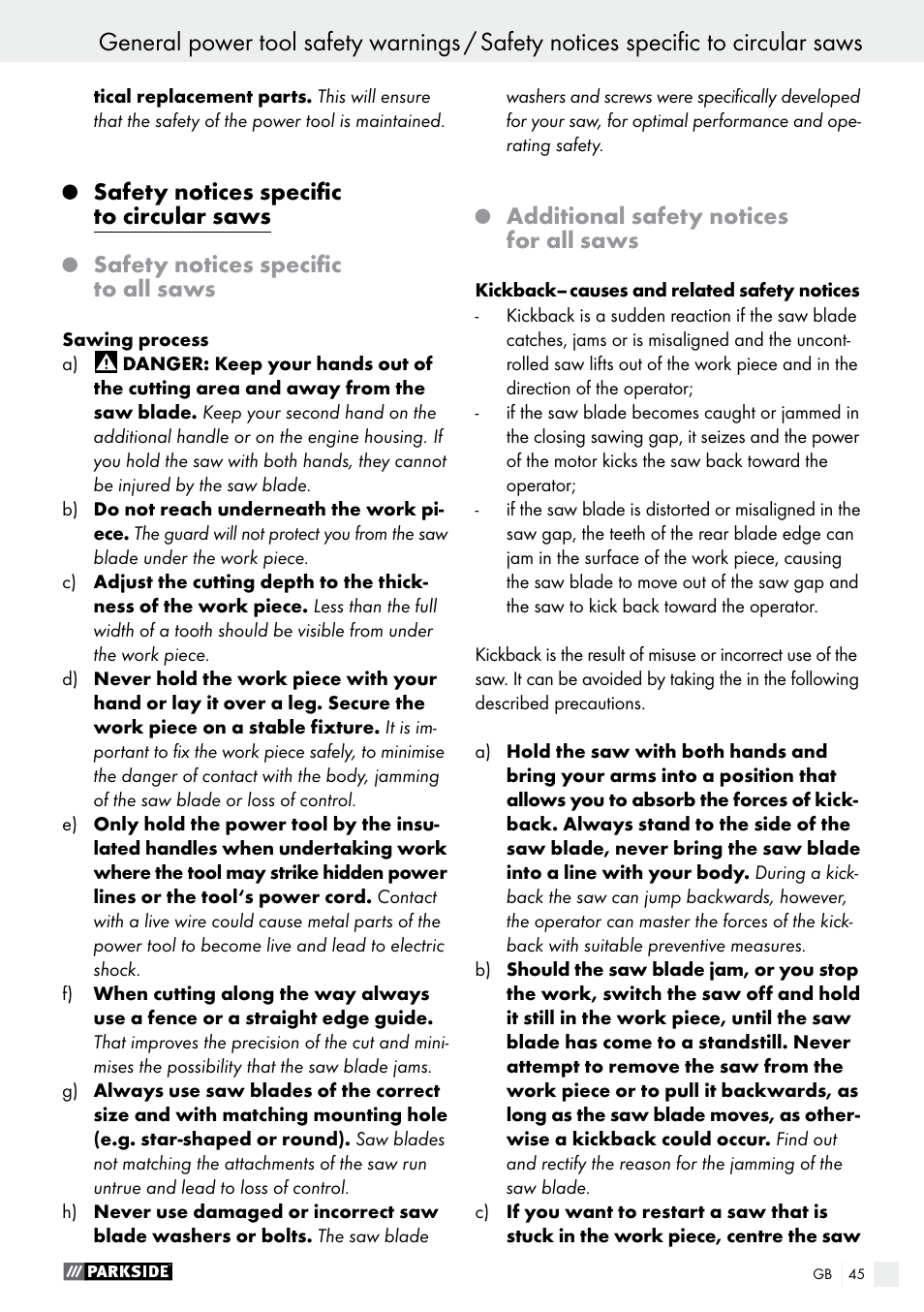 Safety notices specific to circular saws, Safety notices specific to all saws, Additional safety notices for all saws | Parkside PTSS 1200 A1 User Manual | Page 45 / 51