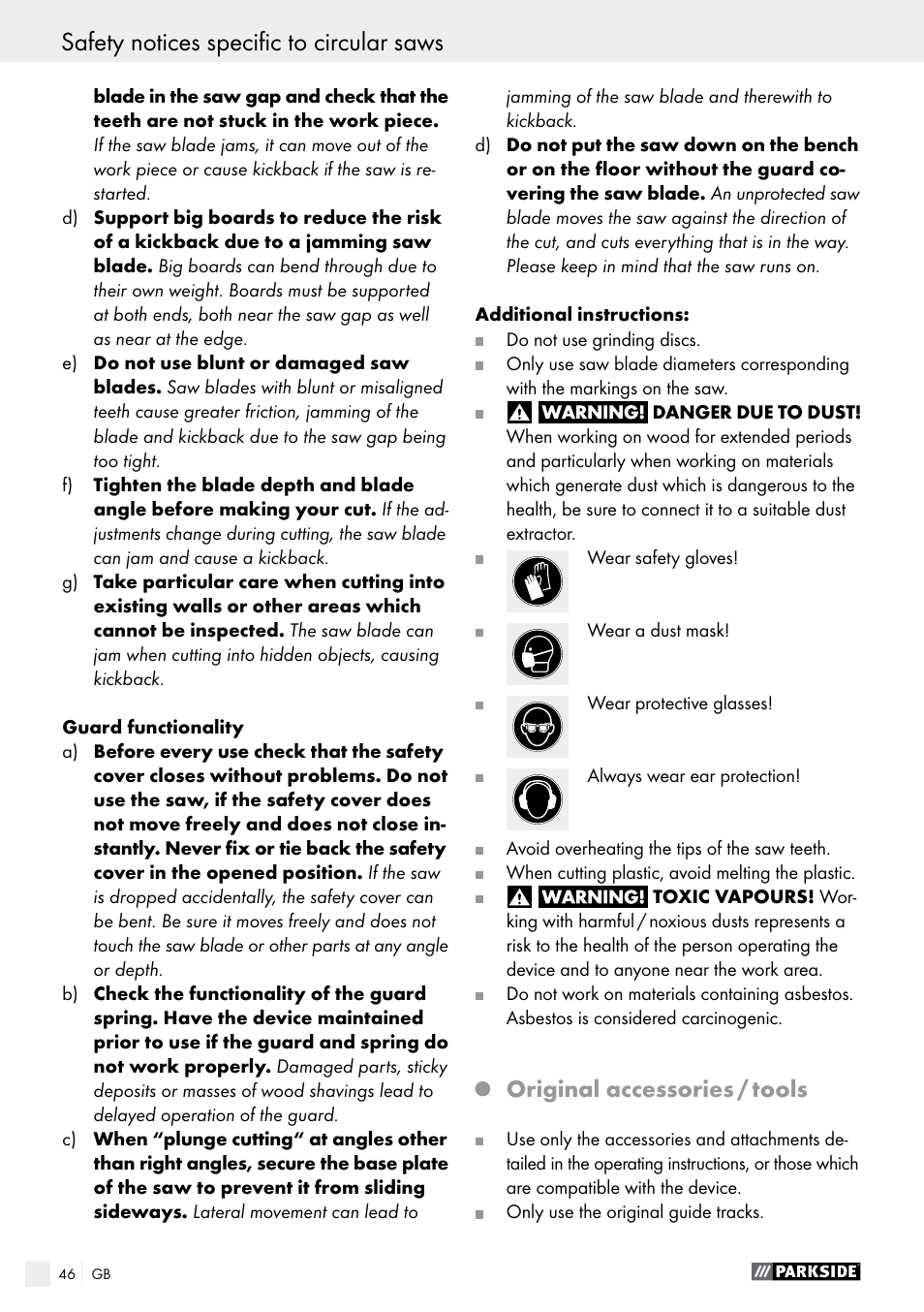 Safety notices specific to circular saws, Start-up / operation, Original accessories / tools | Parkside PTSS 1200 A1 User Manual | Page 46 / 51