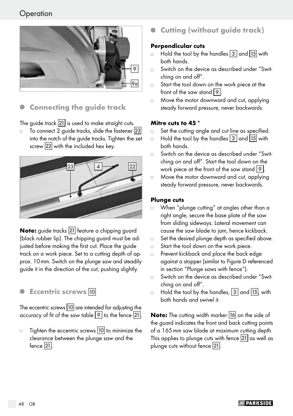 Operation, Operation / maintenance and cleaning / warranty, Connecting the guide track | Eccentric screws, Cutting (without guide track) | Parkside PTSS 1200 A1 User Manual | Page 48 / 51