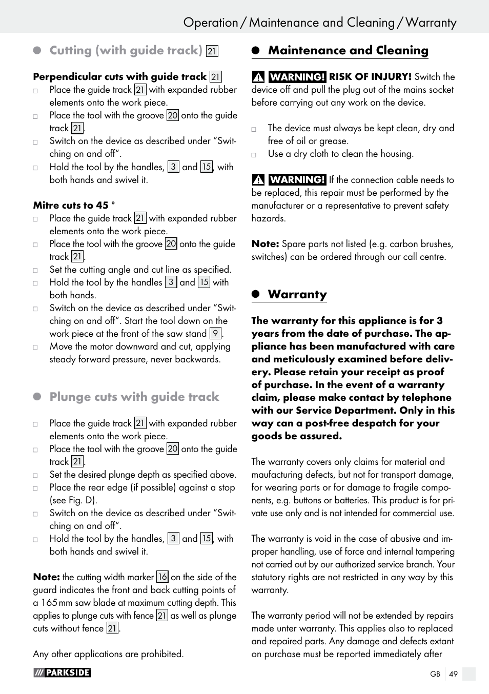 Cutting (with guide track), Plunge cuts with guide track, Maintenance and cleaning | Warranty | Parkside PTSS 1200 A1 User Manual | Page 49 / 51