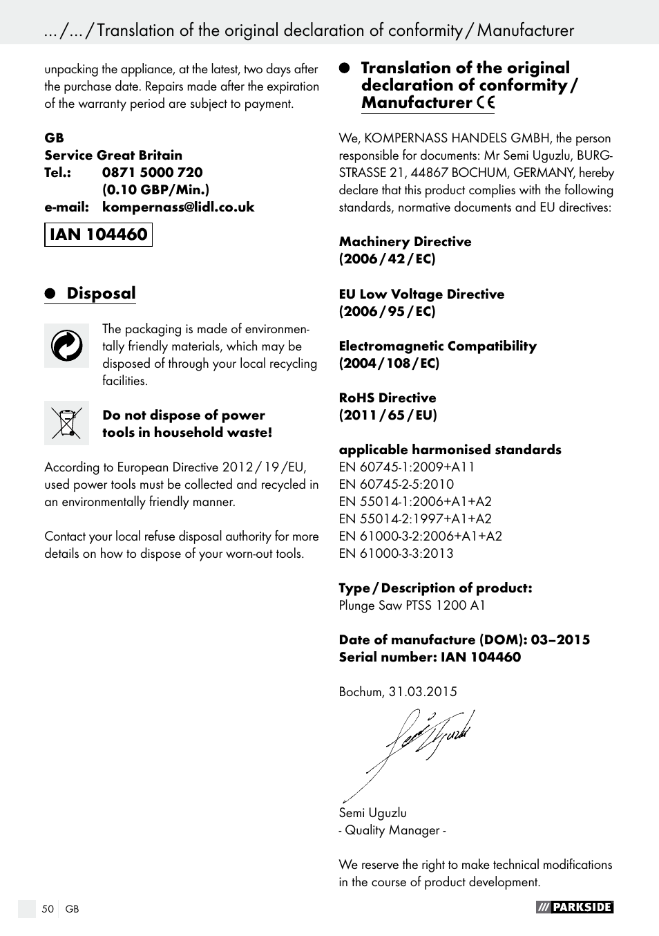 Parkside PTSS 1200 A1 User Manual | Page 50 / 51