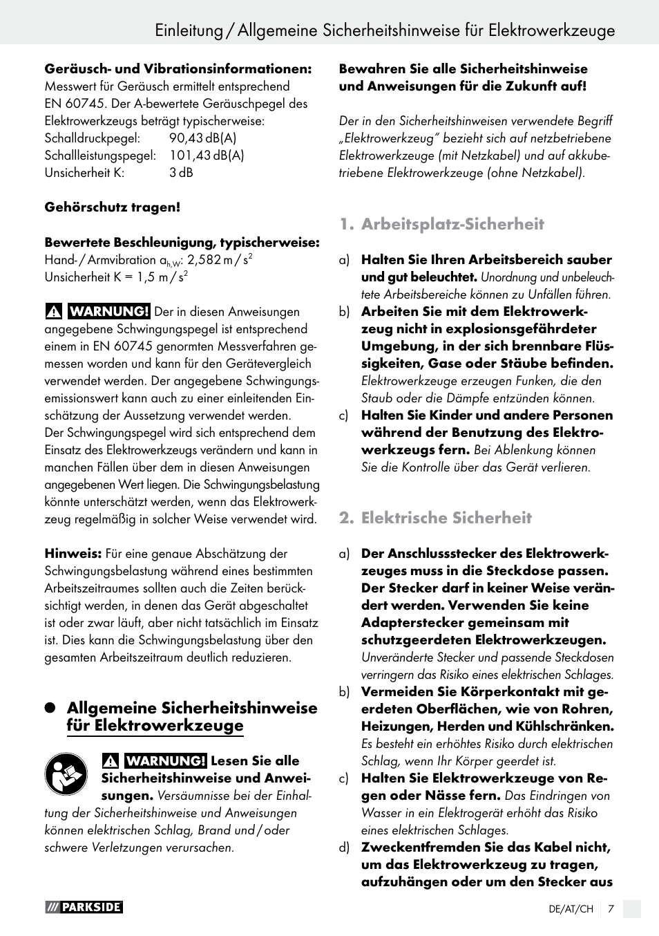 Arbeitsplatz-sicherheit, Elektrische sicherheit | Parkside PTSS 1200 A1 User Manual | Page 7 / 51