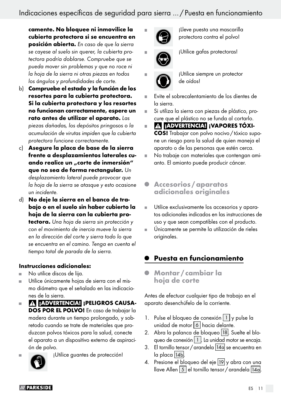 Accesorios / aparatos adicionales originales, Puesta en funcionamiento, Montar / cambiar la hoja de corte | Parkside PTSS 1200 A1 User Manual | Page 11 / 51