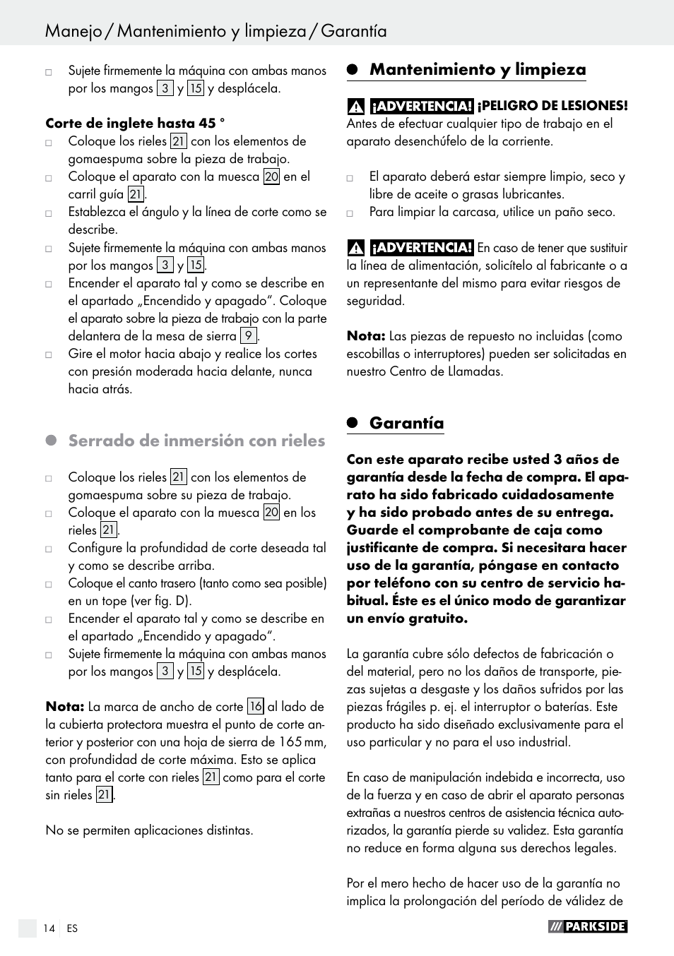 Serrado de inmersión con rieles, Mantenimiento y limpieza, Garantía | Parkside PTSS 1200 A1 User Manual | Page 14 / 51