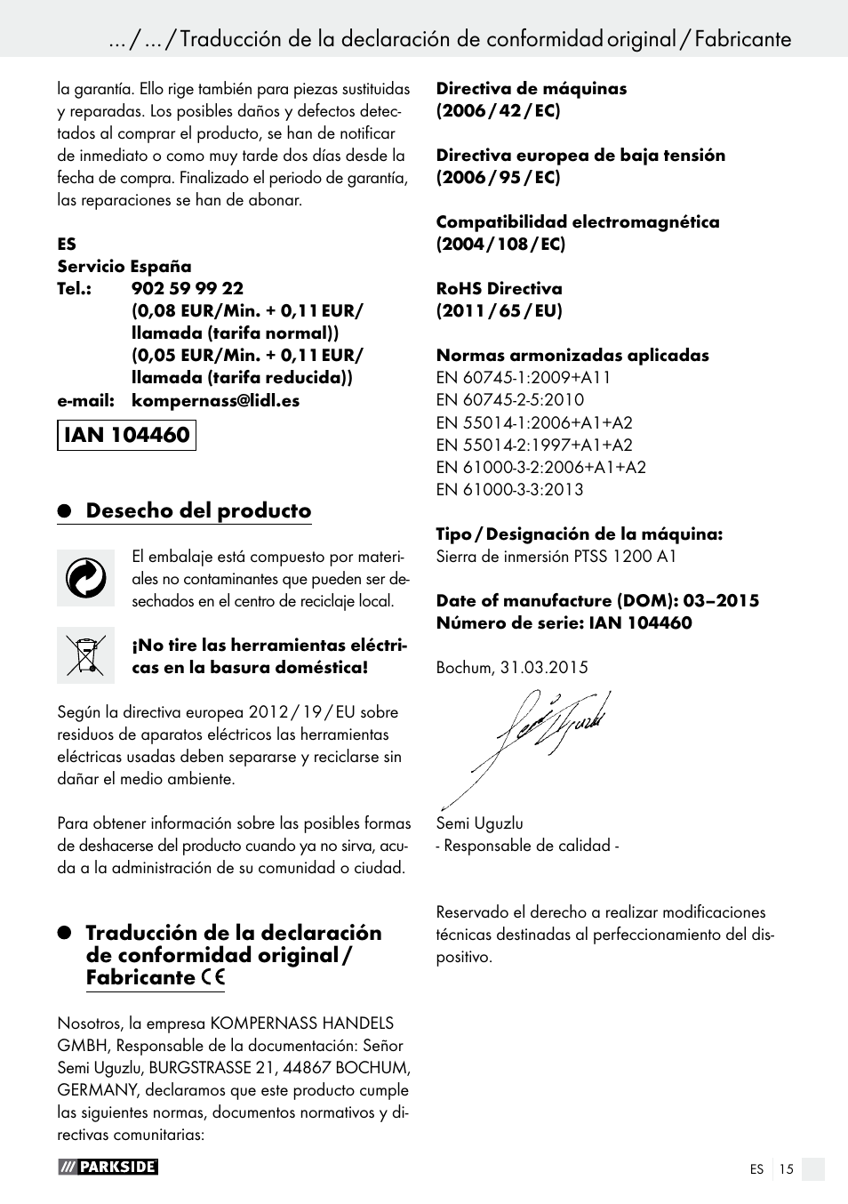 Manejo / mantenimiento y limpieza / garantía | Parkside PTSS 1200 A1 User Manual | Page 15 / 51