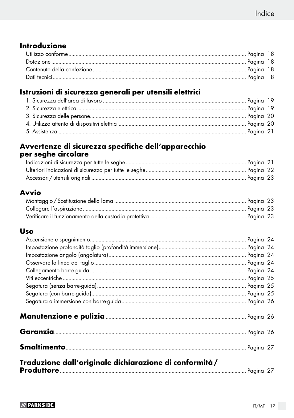 Indice | Parkside PTSS 1200 A1 User Manual | Page 17 / 51