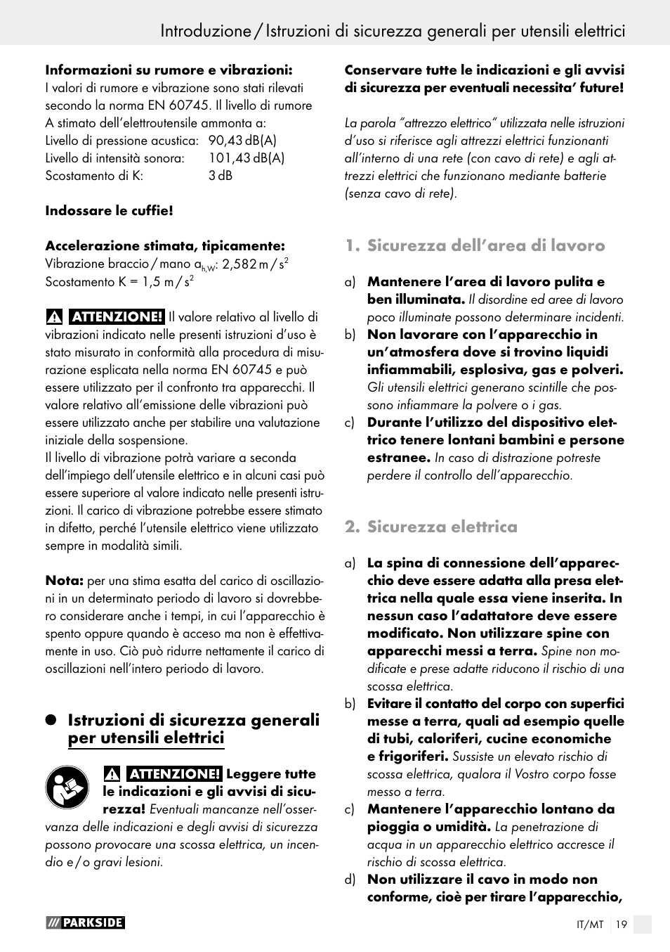Introduzione, Sicurezza dell’area di lavoro, Sicurezza elettrica | Parkside PTSS 1200 A1 User Manual | Page 19 / 51
