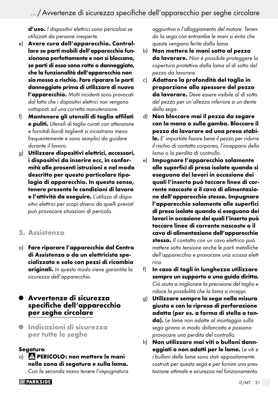 Assistenza, Indicazioni di sicurezza per tutte le seghe | Parkside PTSS 1200 A1 User Manual | Page 21 / 51