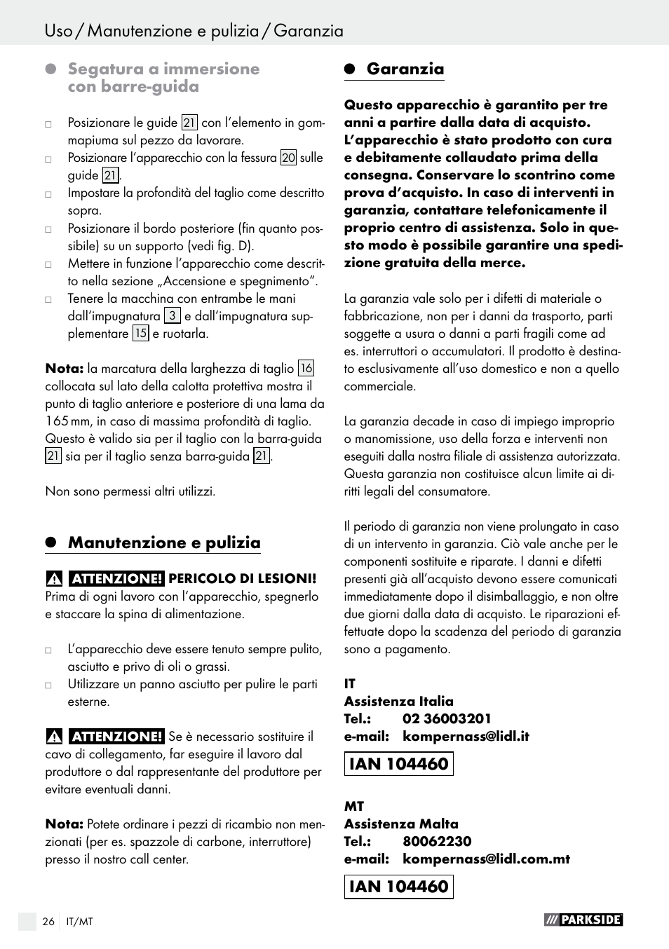 Uso / manutenzione e pulizia / garanzia, Segatura a immersione con barre-guida, Manutenzione e pulizia | Garanzia | Parkside PTSS 1200 A1 User Manual | Page 26 / 51