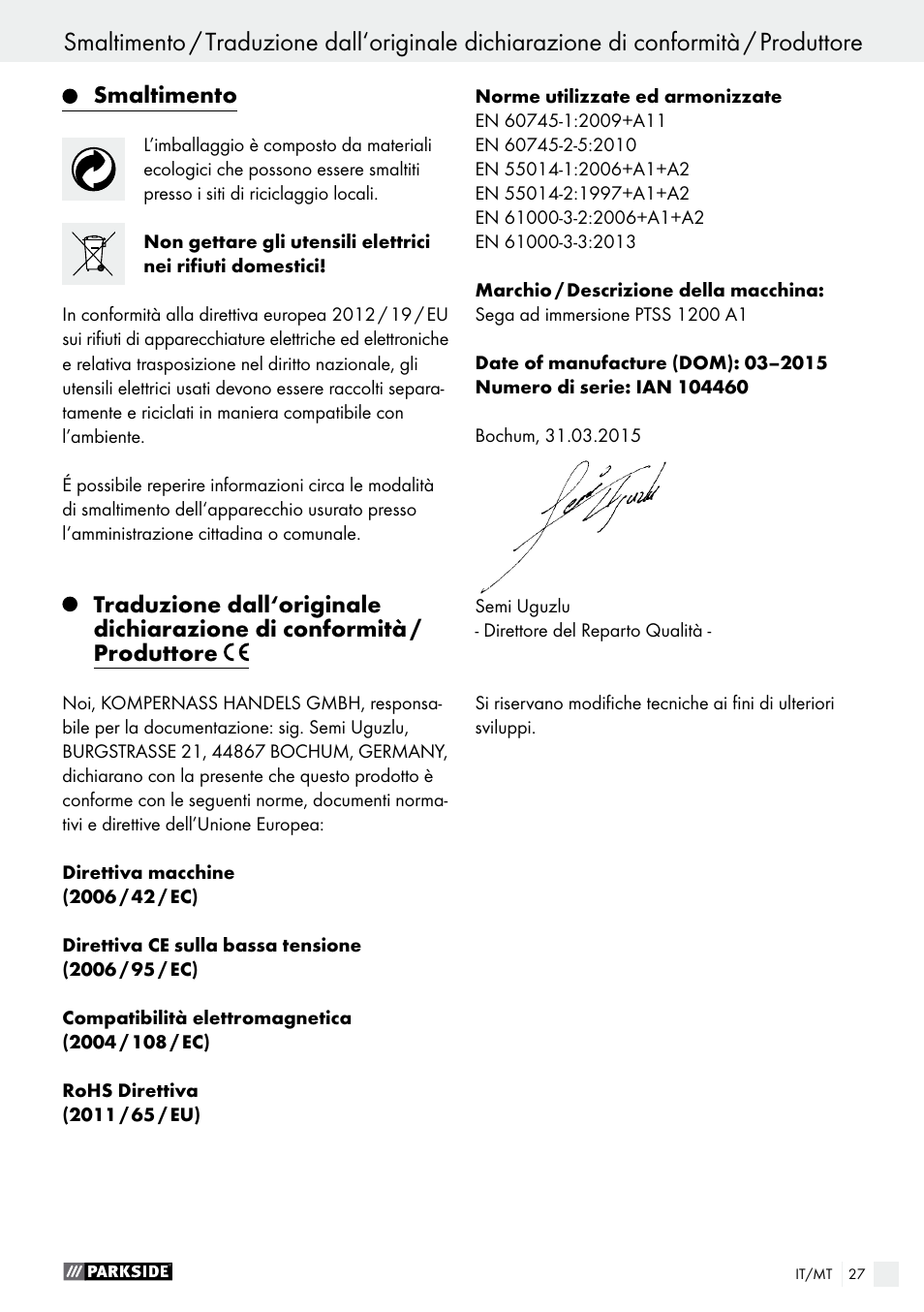 Uso / manutenzione e pulizia / garanzia | Parkside PTSS 1200 A1 User Manual | Page 27 / 51