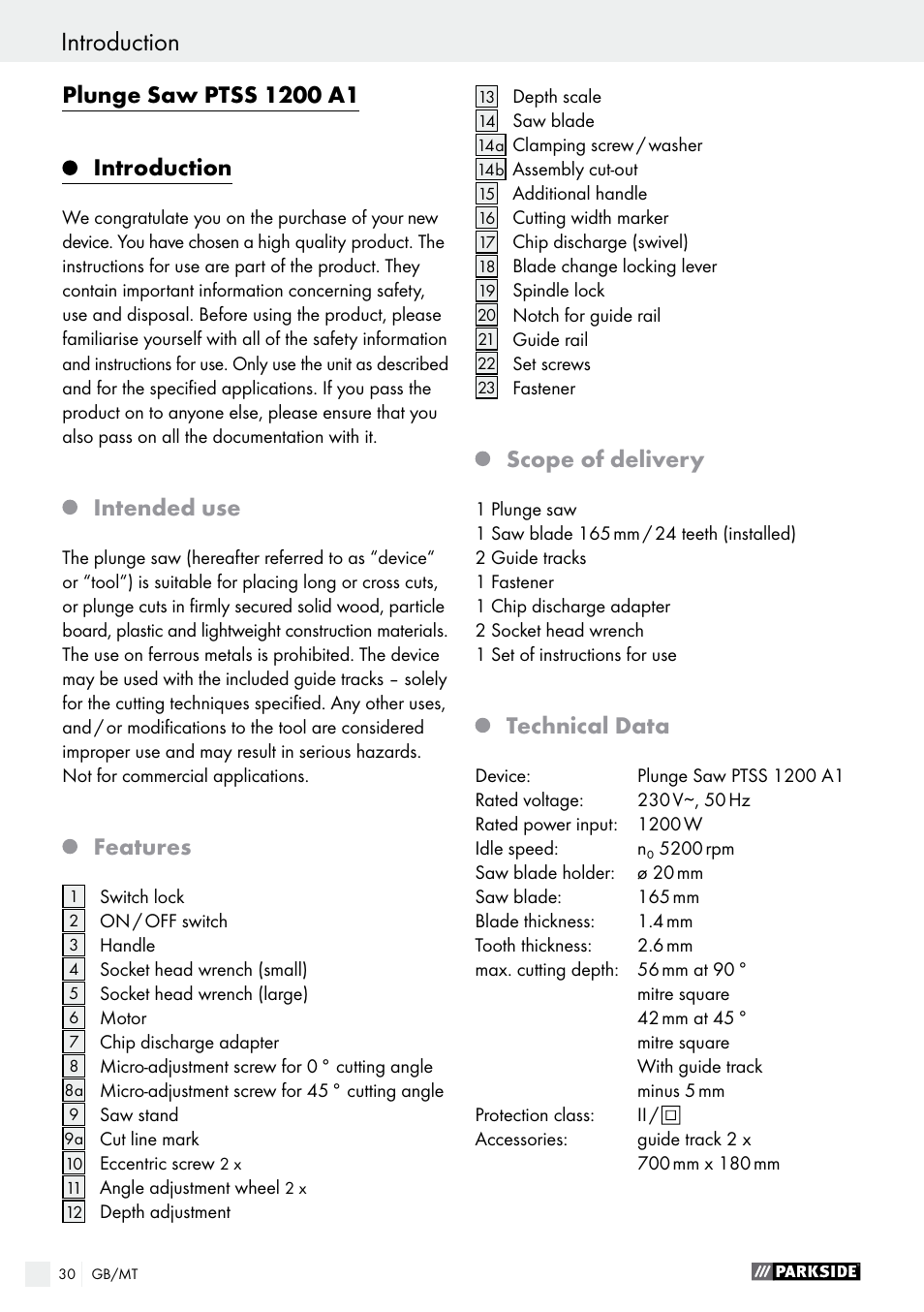 Introduction, Introduction / general power tool safety warnings, Intended use | Features, Scope of delivery, Technical data | Parkside PTSS 1200 A1 User Manual | Page 30 / 51