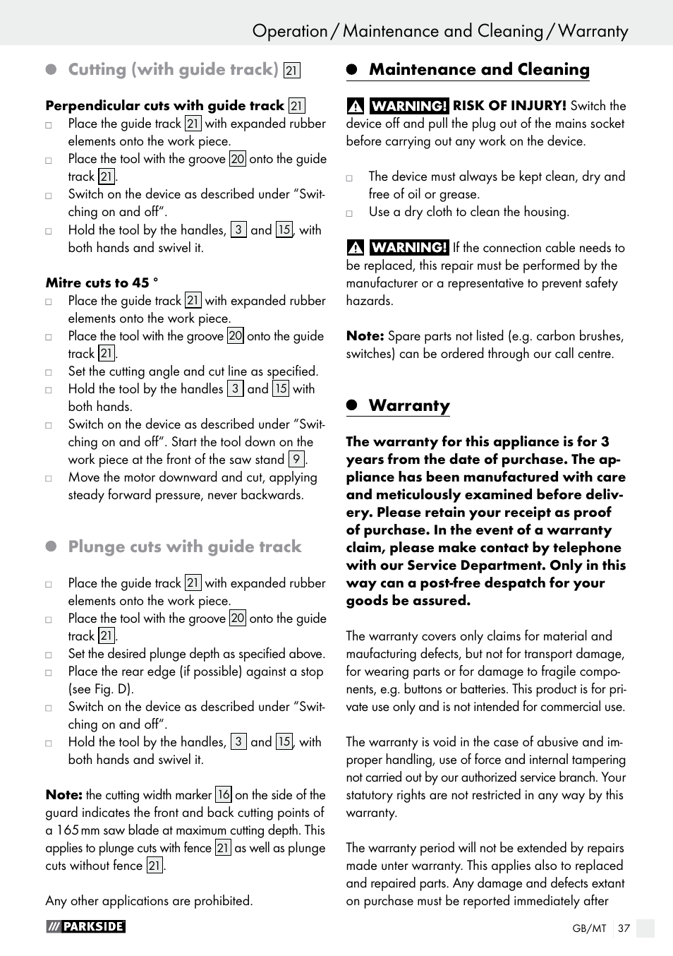 Cutting (with guide track), Plunge cuts with guide track, Maintenance and cleaning | Warranty | Parkside PTSS 1200 A1 User Manual | Page 37 / 51
