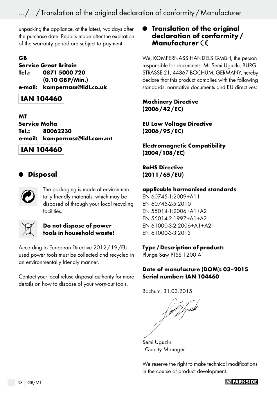 Parkside PTSS 1200 A1 User Manual | Page 38 / 51