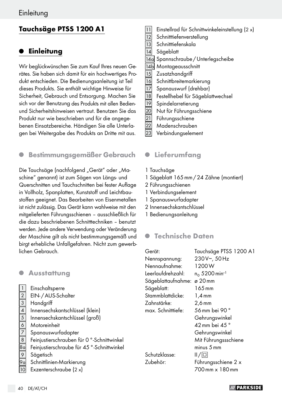 Einleitung, Bestimmungsgemäßer gebrauch, Ausstattung | Lieferumfang, Technische daten | Parkside PTSS 1200 A1 User Manual | Page 40 / 51