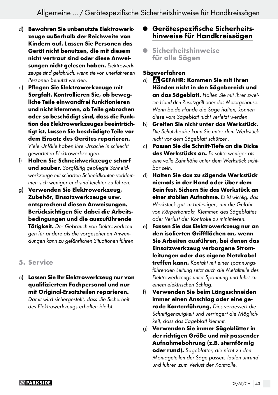 Service, Sicherheitshinweise für alle sägen | Parkside PTSS 1200 A1 User Manual | Page 43 / 51