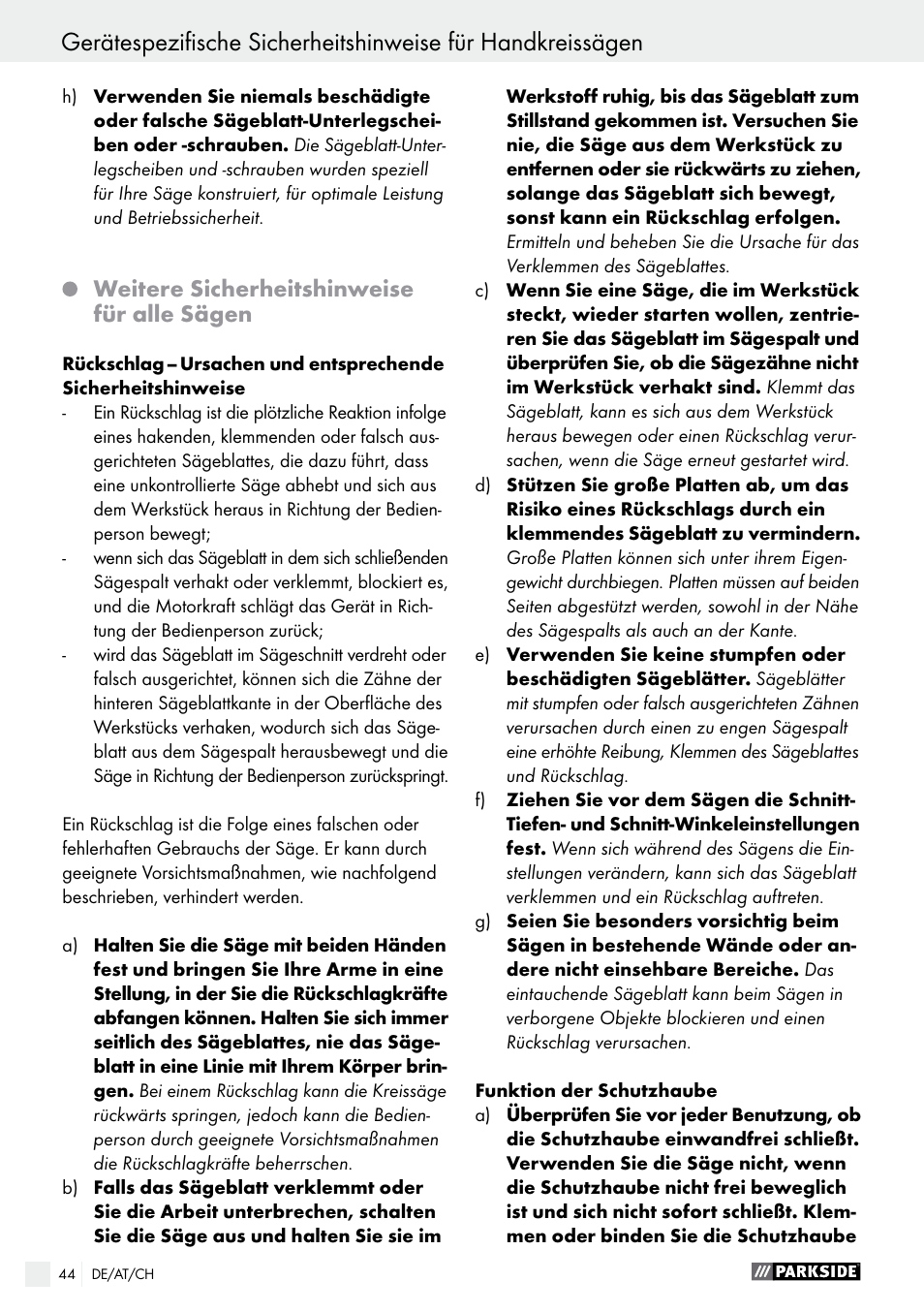 Weitere sicherheitshinweise für alle sägen | Parkside PTSS 1200 A1 User Manual | Page 44 / 51