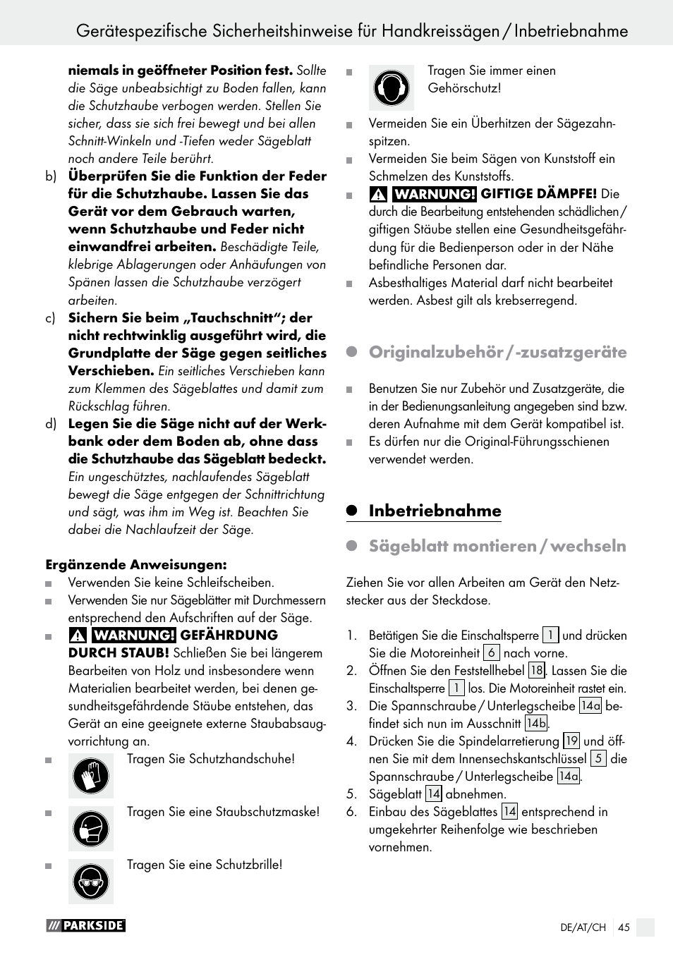 Originalzubehör / -zusatzgeräte, Inbetriebnahme, Sägeblatt montieren / wechseln | Parkside PTSS 1200 A1 User Manual | Page 45 / 51