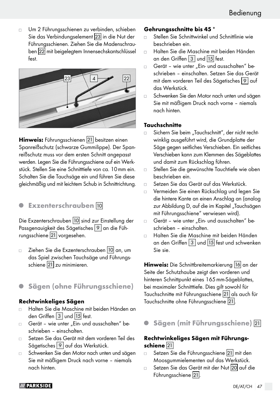 Inbetriebnahme / bedienung, Bedienung, Exzenterschrauben | Sägen (ohne führungsschiene), Sägen (mit führungsschiene) | Parkside PTSS 1200 A1 User Manual | Page 47 / 51