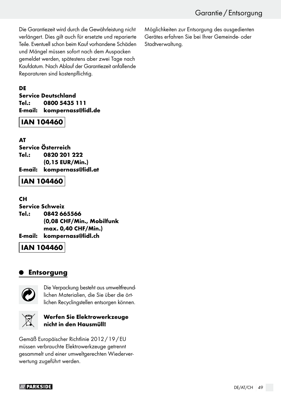 Garantie / entsorgung, Bedienung / wartung und reinigung / garantie | Parkside PTSS 1200 A1 User Manual | Page 49 / 51