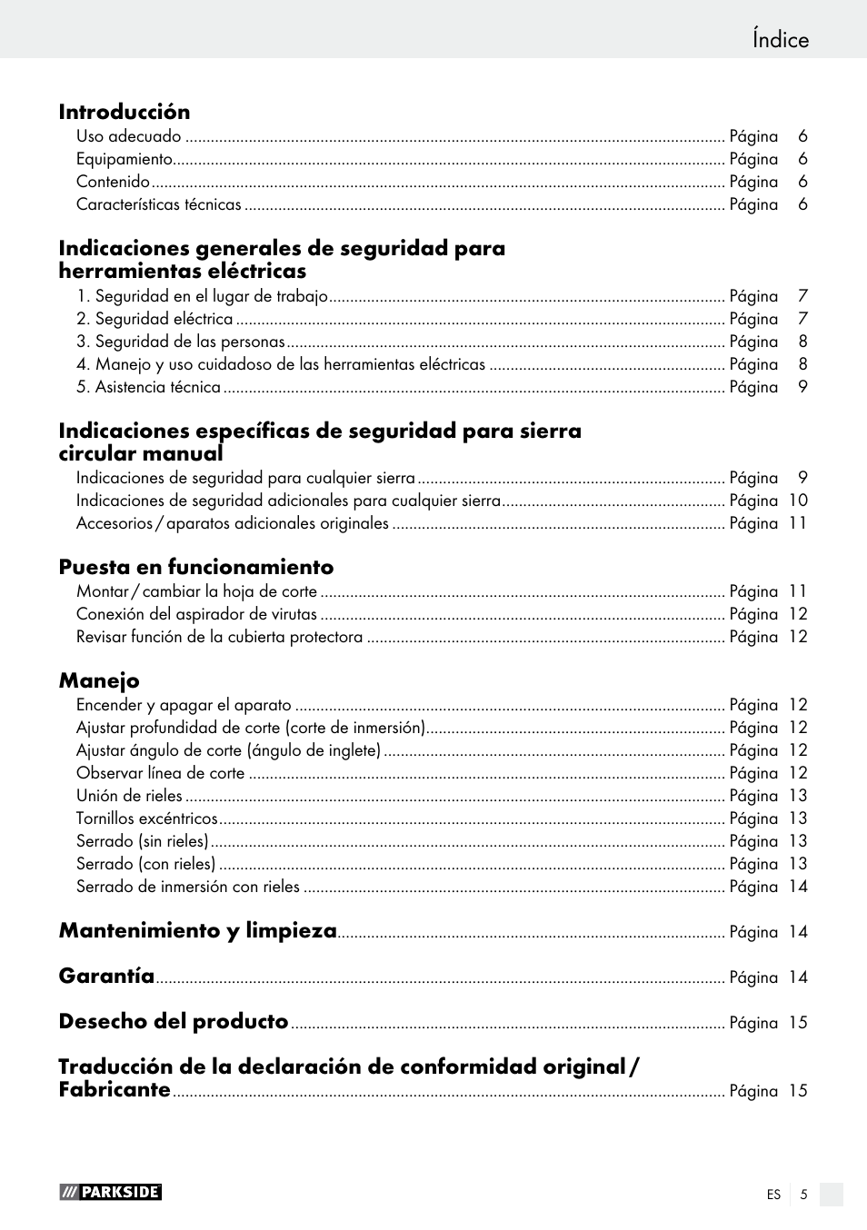 Índice | Parkside PTSS 1200 A1 User Manual | Page 5 / 51
