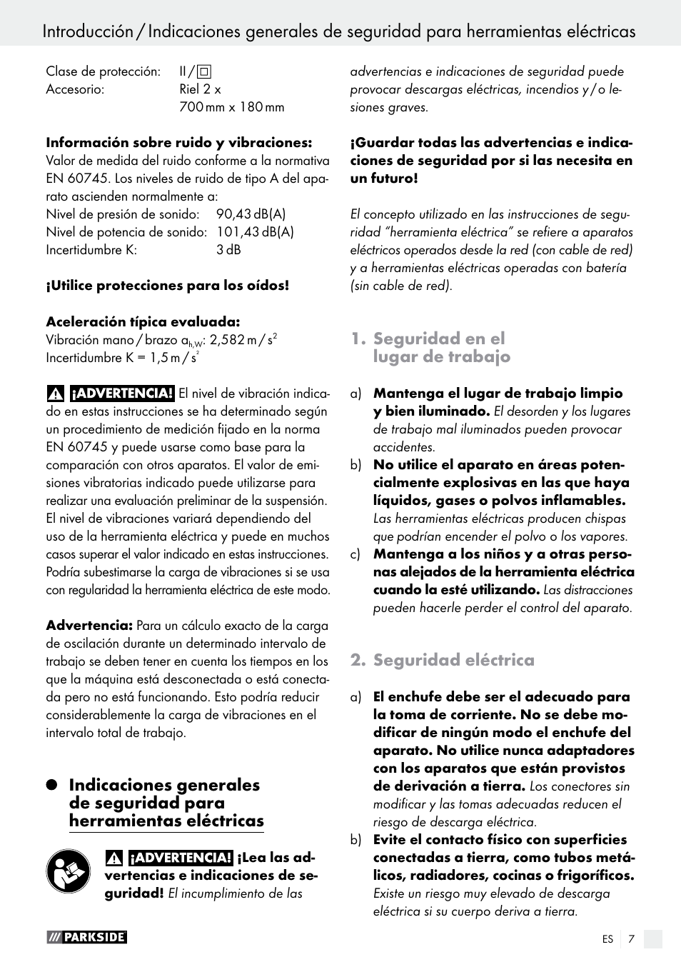 Seguridad en el lugar de trabajo, Seguridad eléctrica | Parkside PTSS 1200 A1 User Manual | Page 7 / 51