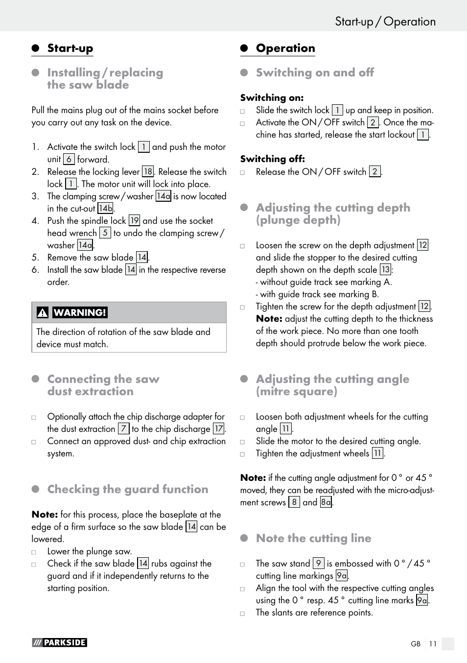 Start-up, Installing / replacing the saw blade, Connecting the saw dust extraction | Checking the guard function, Operation, Switching on and off, Adjusting the cutting depth (plunge depth), Adjusting the cutting angle (mitre square) | Parkside PTSS 1200 A1 User Manual | Page 11 / 63