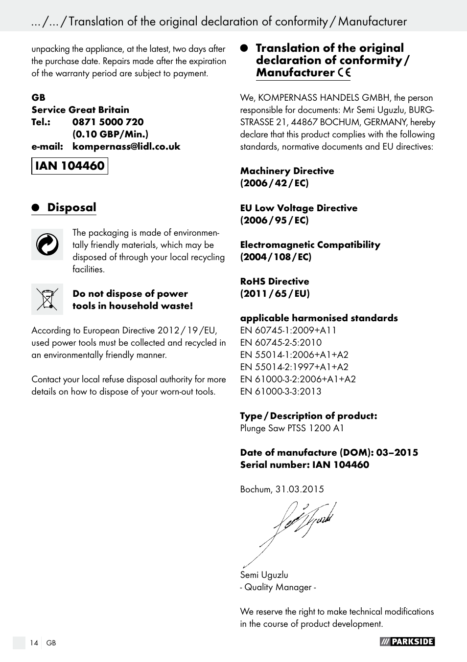 Parkside PTSS 1200 A1 User Manual | Page 14 / 63