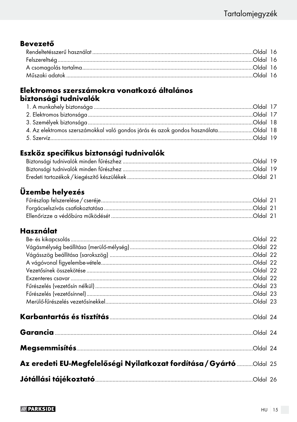 Tartalomjegyzék | Parkside PTSS 1200 A1 User Manual | Page 15 / 63