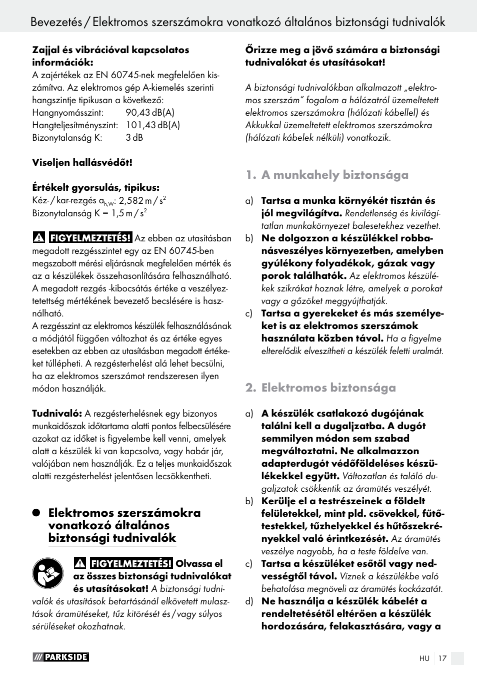 A munkahely biztonsága, Elektromos biztonsága | Parkside PTSS 1200 A1 User Manual | Page 17 / 63